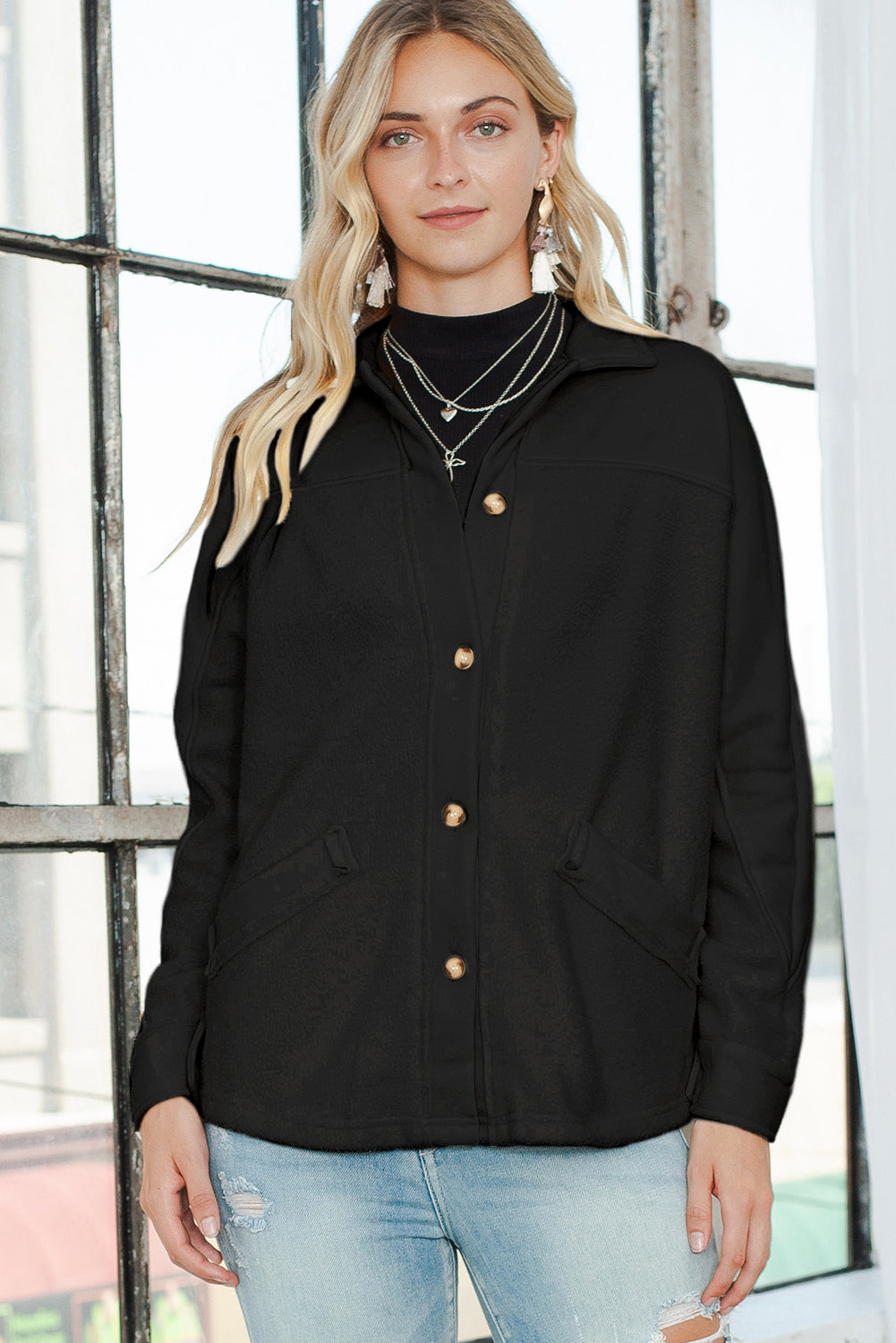 Black Button-Up Stitching Pocketed Shacket - Eloy Royal