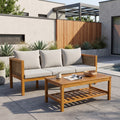3-Seater Patio Set Outdoor Sofa & Coffee Table Set 2 Piece Outdoor Conversation Patio Furniture Set with Cushions and a Coffee Table for Garden, Backyard, Balcony, Poolside,Grey Cushion +Natural Wood