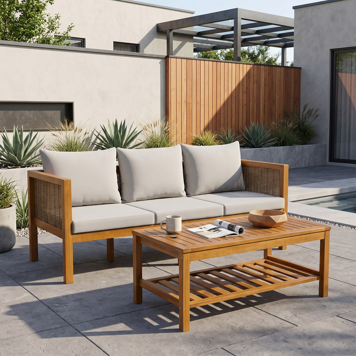 3-Seater Patio Set Outdoor Sofa & Coffee Table Set 2 Piece Outdoor Conversation Patio Furniture Set with Cushions and a Coffee Table for Garden, Backyard, Balcony, Poolside,Grey Cushion +Natural Wood