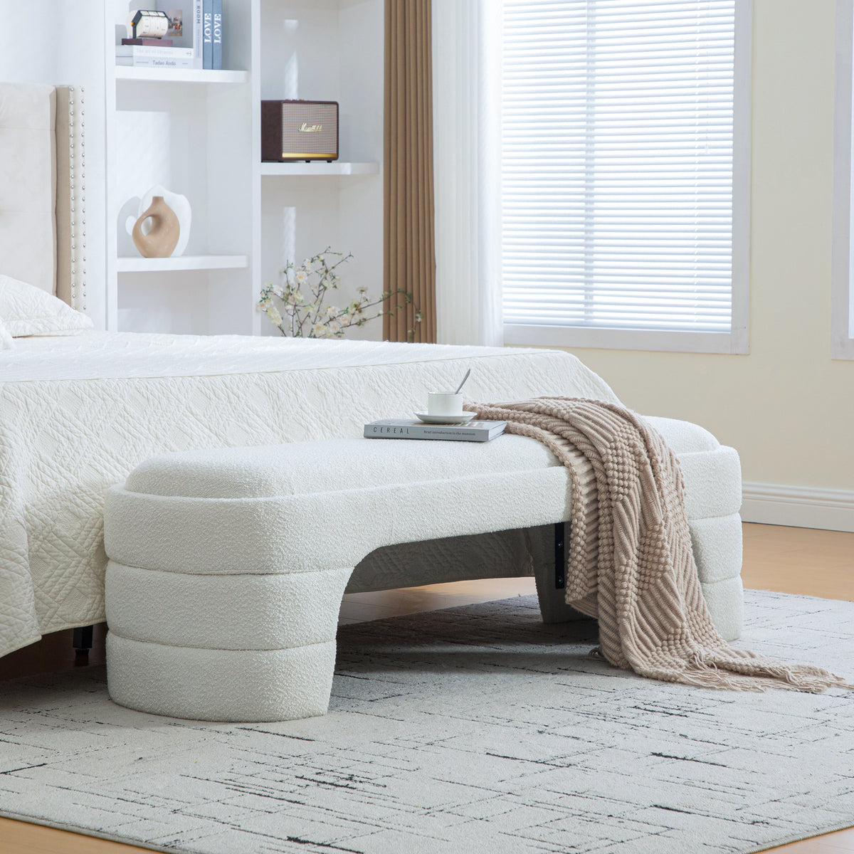 64.96'Wide Modern Upholstered Armless Upholstered Bedroom Benches End of Bed Bench for Entryway, Ottoman Foot Stool for Living Room and Bedroom, Entryway,White Boucle