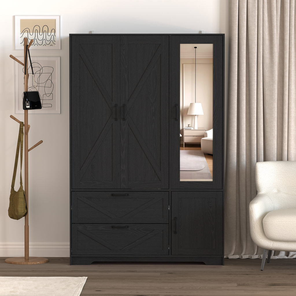 4 Doors Wardrobe Closet with Mirror, LED Wardrobe with Doors and 2 Drawers, Wooden Wardrobe Storage Cabinet with Hanging Rod, Adjustable Shelves, Black