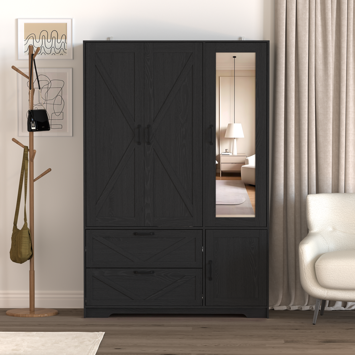 4 Doors Wardrobe Closet with Mirror, LED Wardrobe with Doors and 2 Drawers, Wooden Wardrobe Storage Cabinet with Hanging Rod, Adjustable Shelves, Black