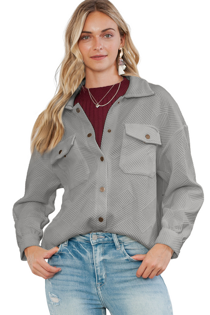 Wholesale Gray Solid Textured Flap Pocket Buttoned Shacket - Eloy Royal