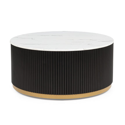 Modern 1pc Coffee Table Luxurious Marble-inspired Top Cocktail Group Reeded Base Gold-finished Foundation Casters Wooden Furniture Home Living Room