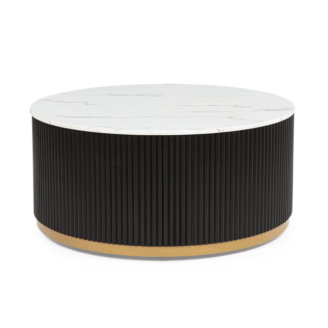 Modern 1pc Coffee Table Luxurious Marble-inspired Top Cocktail Group Reeded Base Gold-finished Foundation Casters Wooden Furniture Home Living Room