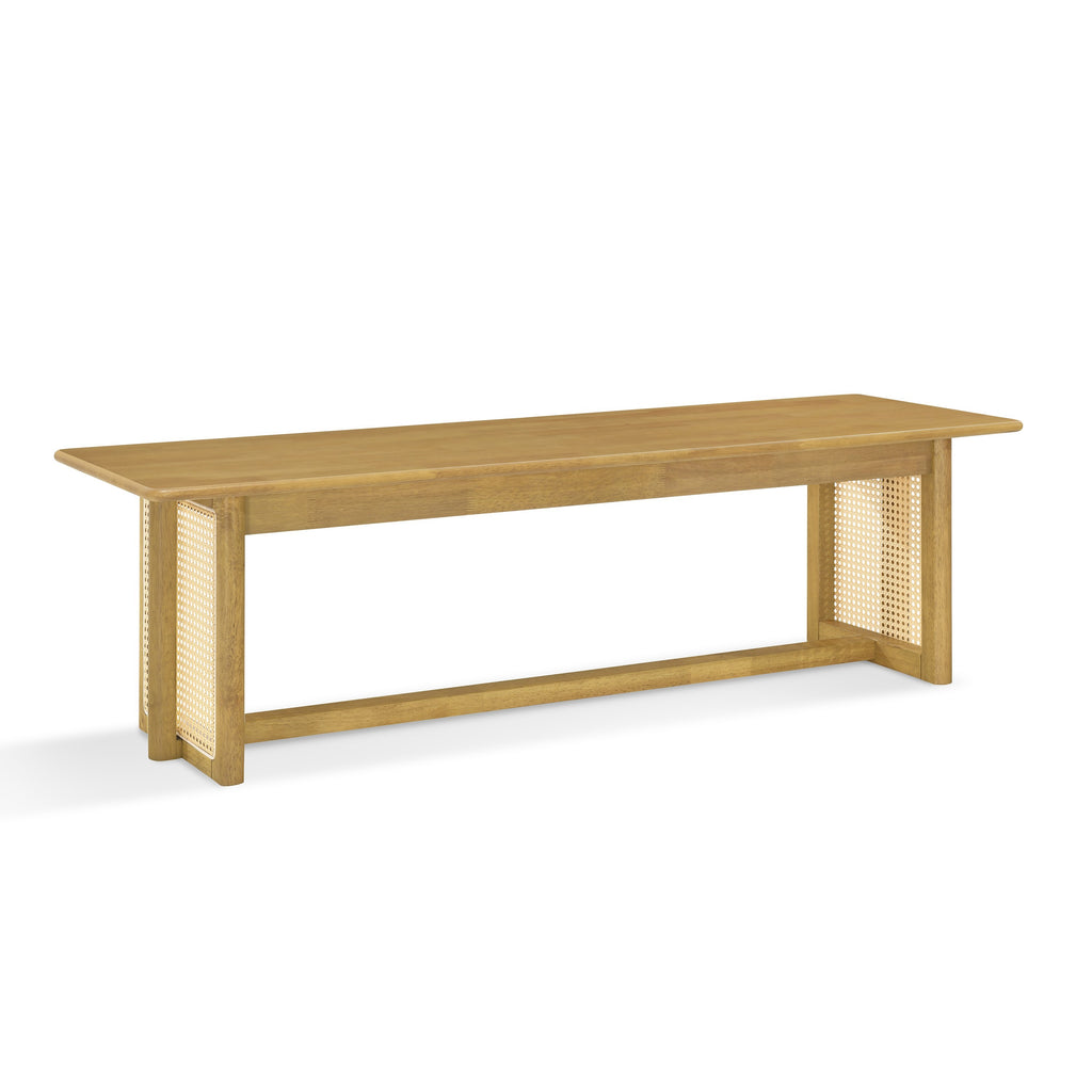 Natural Color Rubber Wood Dining Bench with Plastic Rattan Weave - 59.06''L Indoor Bench, 330 lbs Capacity for Kitchen, Living Room & Entryway