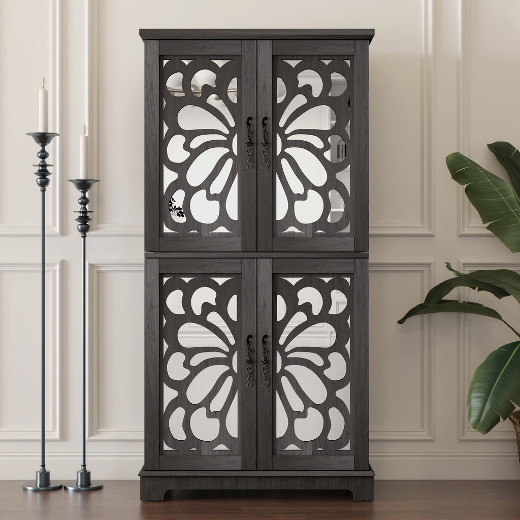 Display sideboard buffet with 4 Acrylic Mirrored doors, Adjustable Shelves storage Cabinet for Kitchen, Living Room, bedroom Cabinet, MDF Dark Brown finish