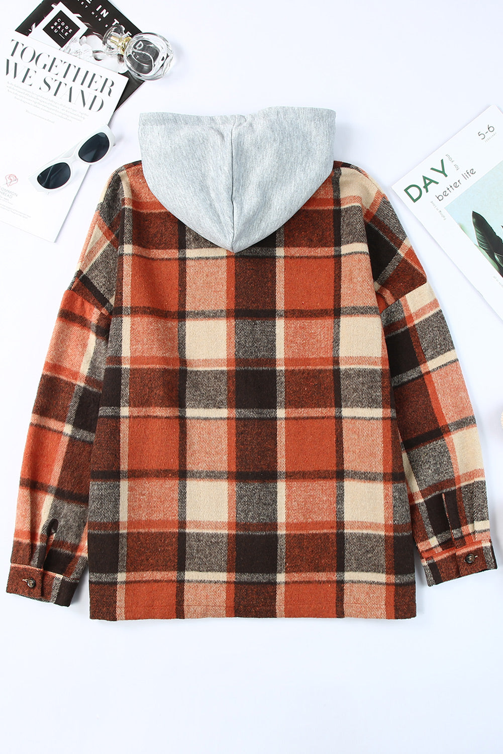 Orange Plaid Button Front Hooded Shacket - Eloy Royal