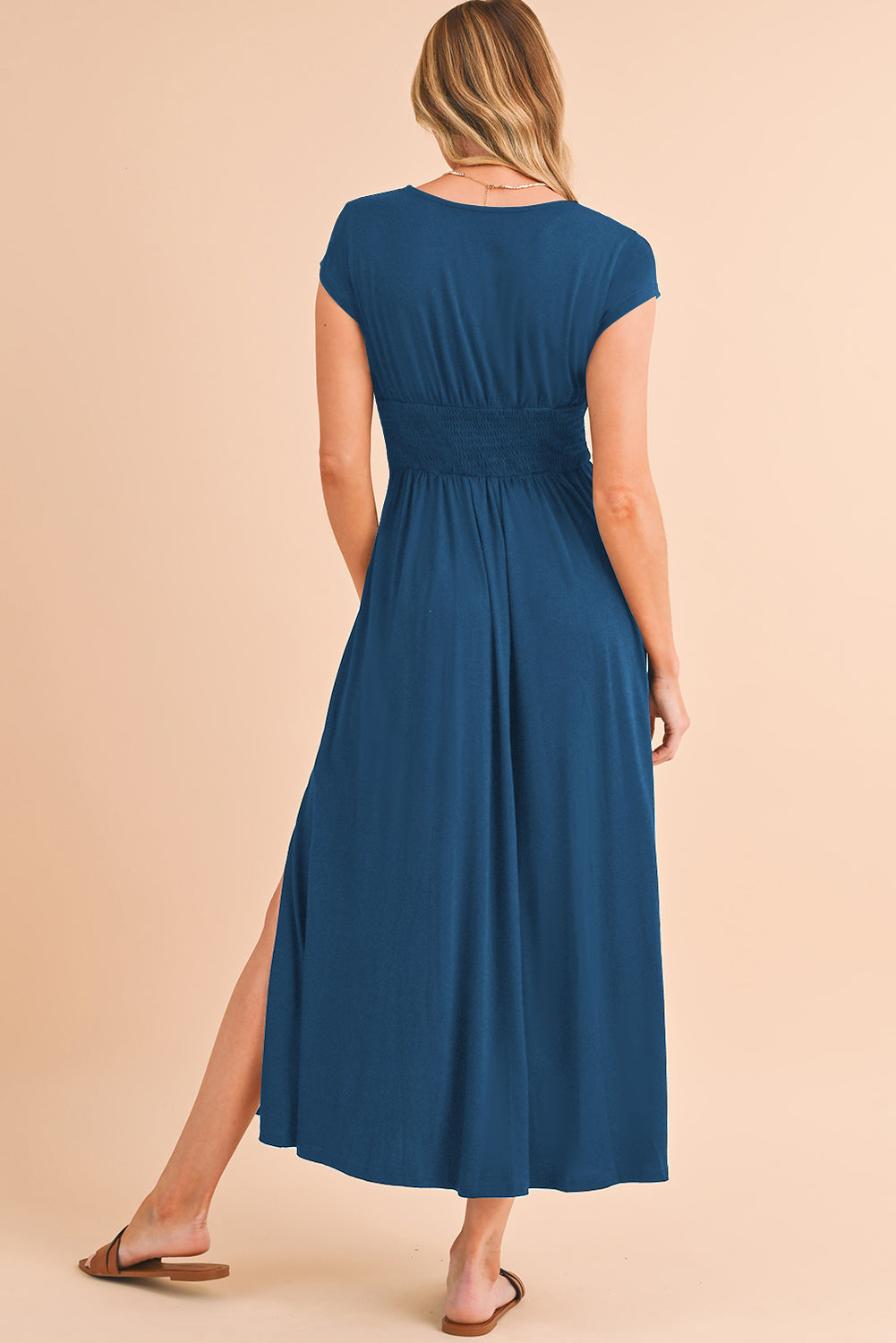 Peacock Blue Deep V Neck Ruched High Waist Maxi Dress - Eloy Royal