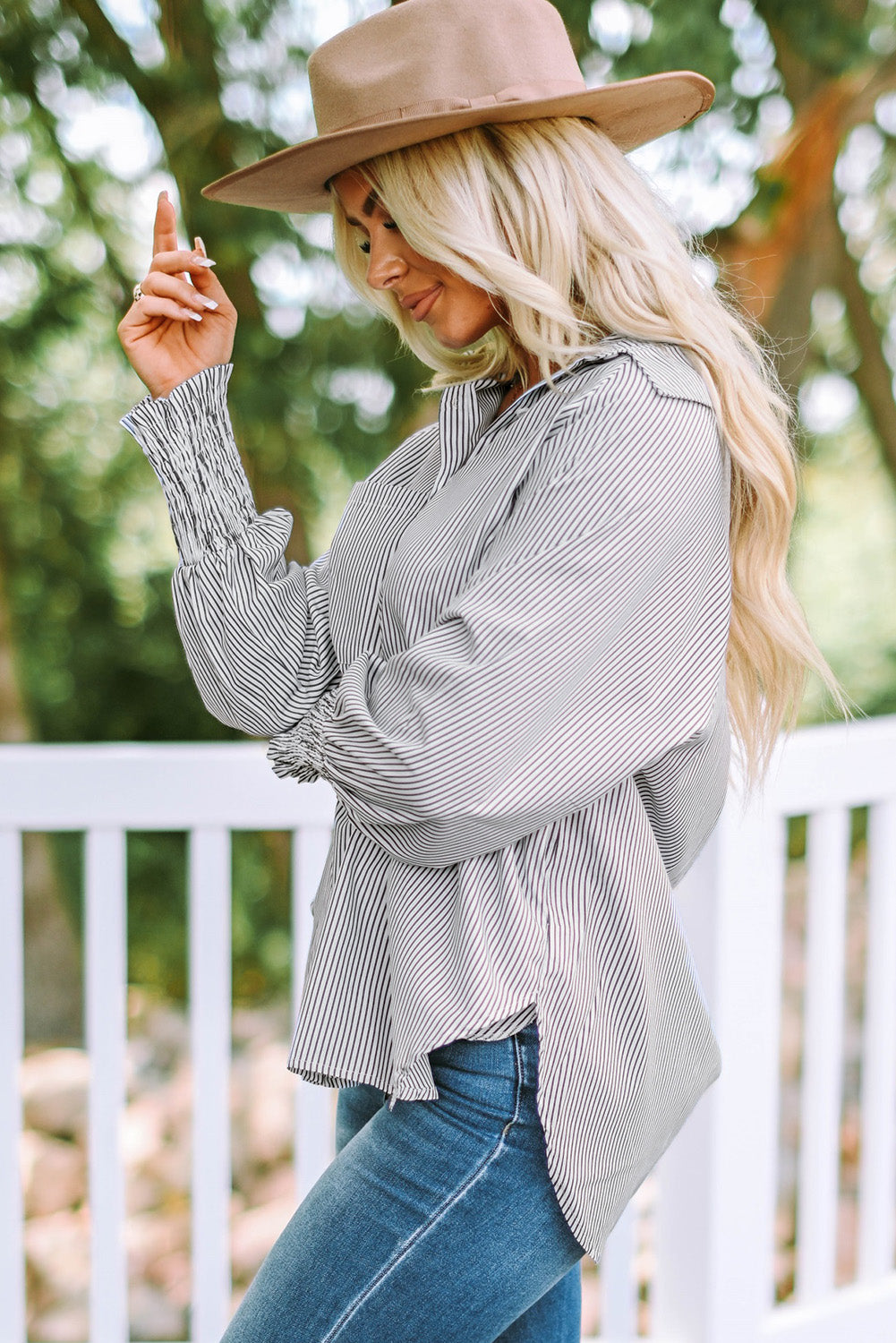 Light Blue Striped Casual Shirred Cuffs Shirt - Eloy Royal