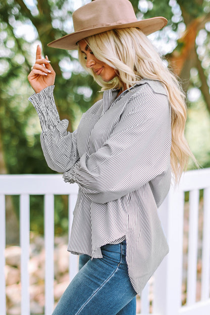 Light Blue Striped Casual Shirred Cuffs Shirt - Eloy Royal