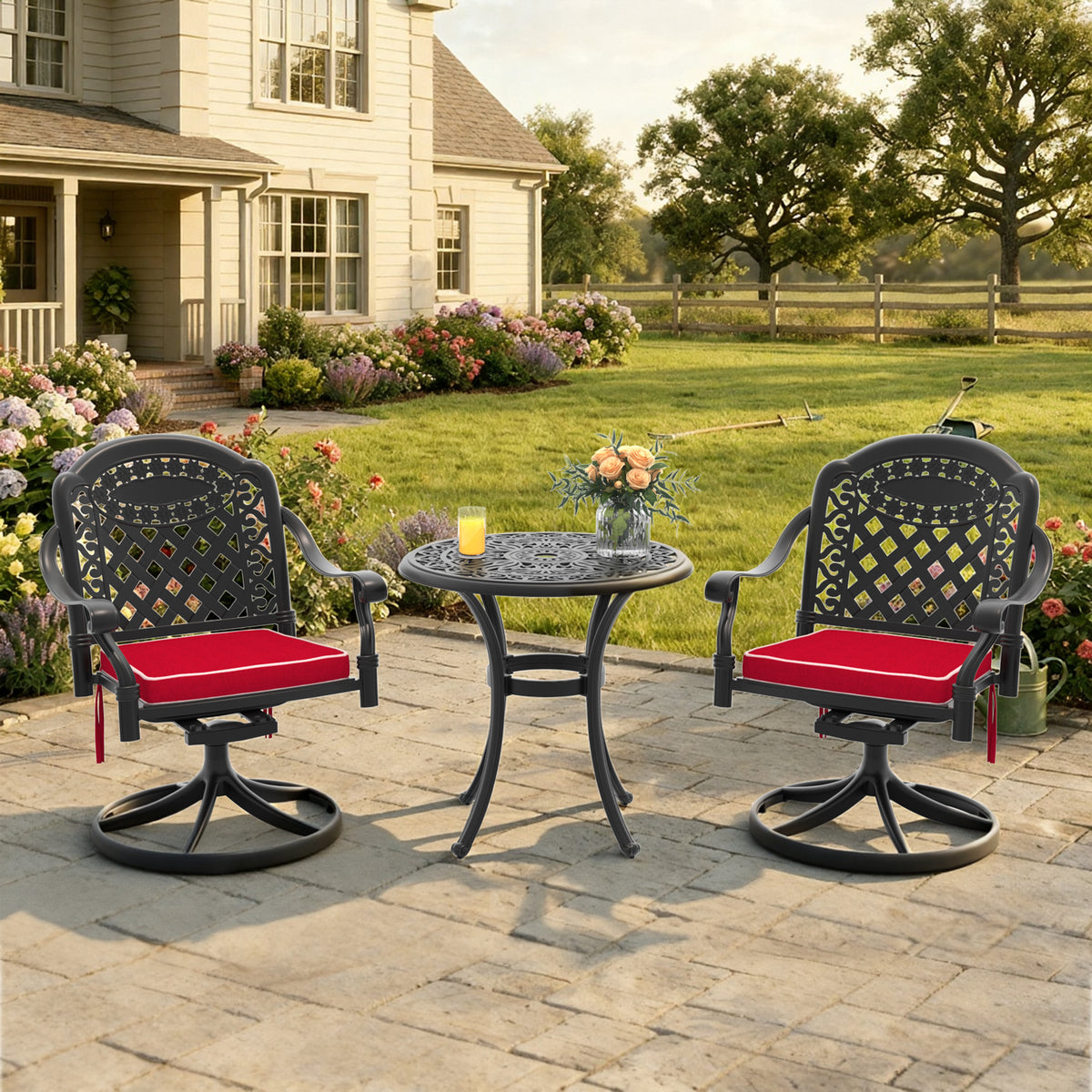 3-Piece All-Weather Cast Aluminum Dining Set, Include 2 Swivel Chairs and 26.77' Round Table With Black Frame
