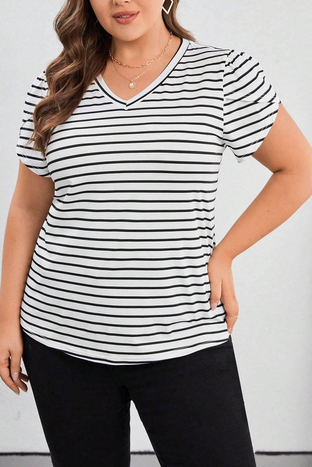 White Stripe V Neck Petal Sleeve Plus Size T-Shirt - Eloy Royal