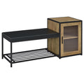 Mango and Black Shoe Storage Entryway Bench with Cabinet featuring Cushioned Leatherette Seat, Wood Finish, and Integrated Storage in 49W x 16.25D x 24H