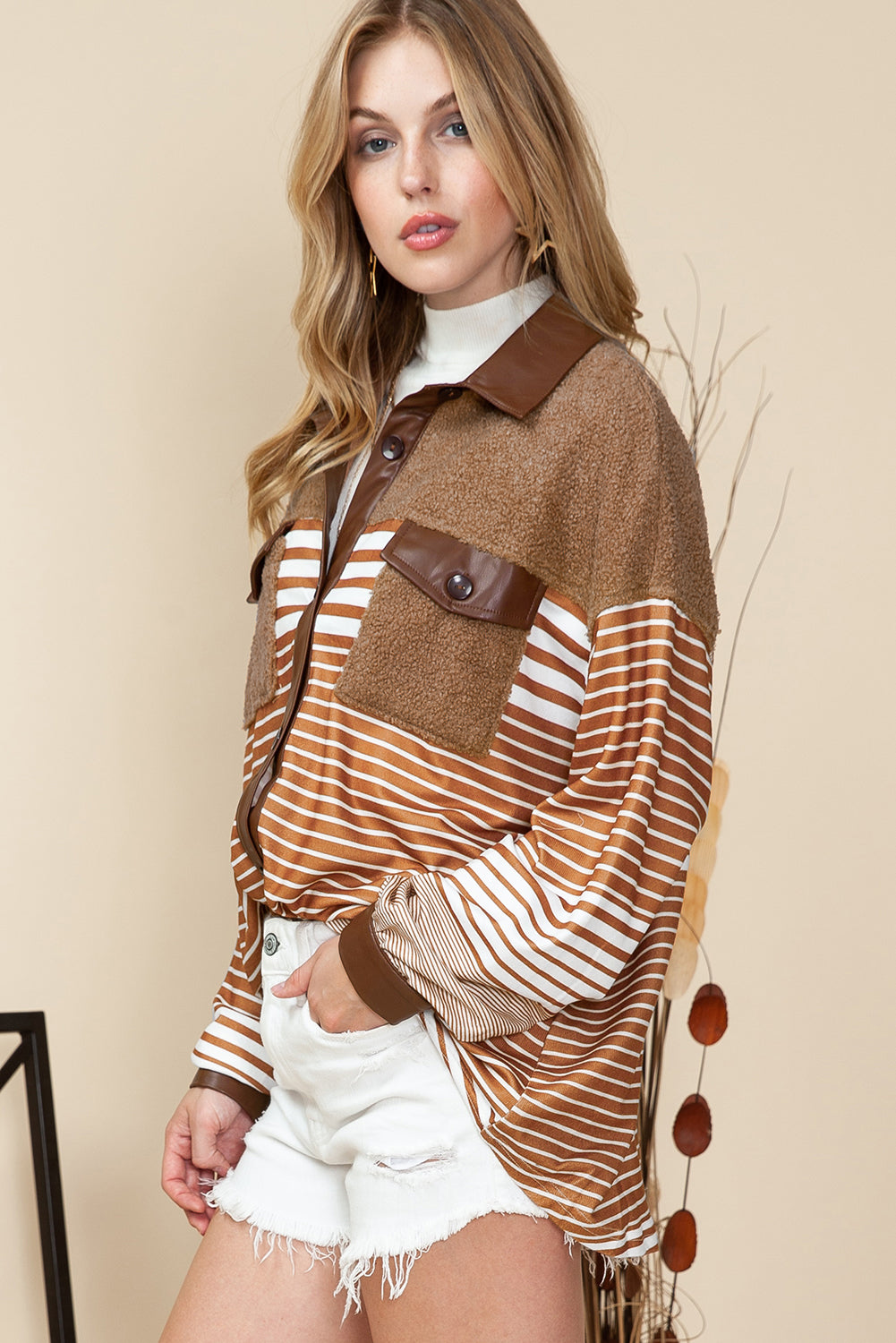 Wholesale Khaki Faux Leather and Sherpa Striped Shirt Shacket - Eloy Royal