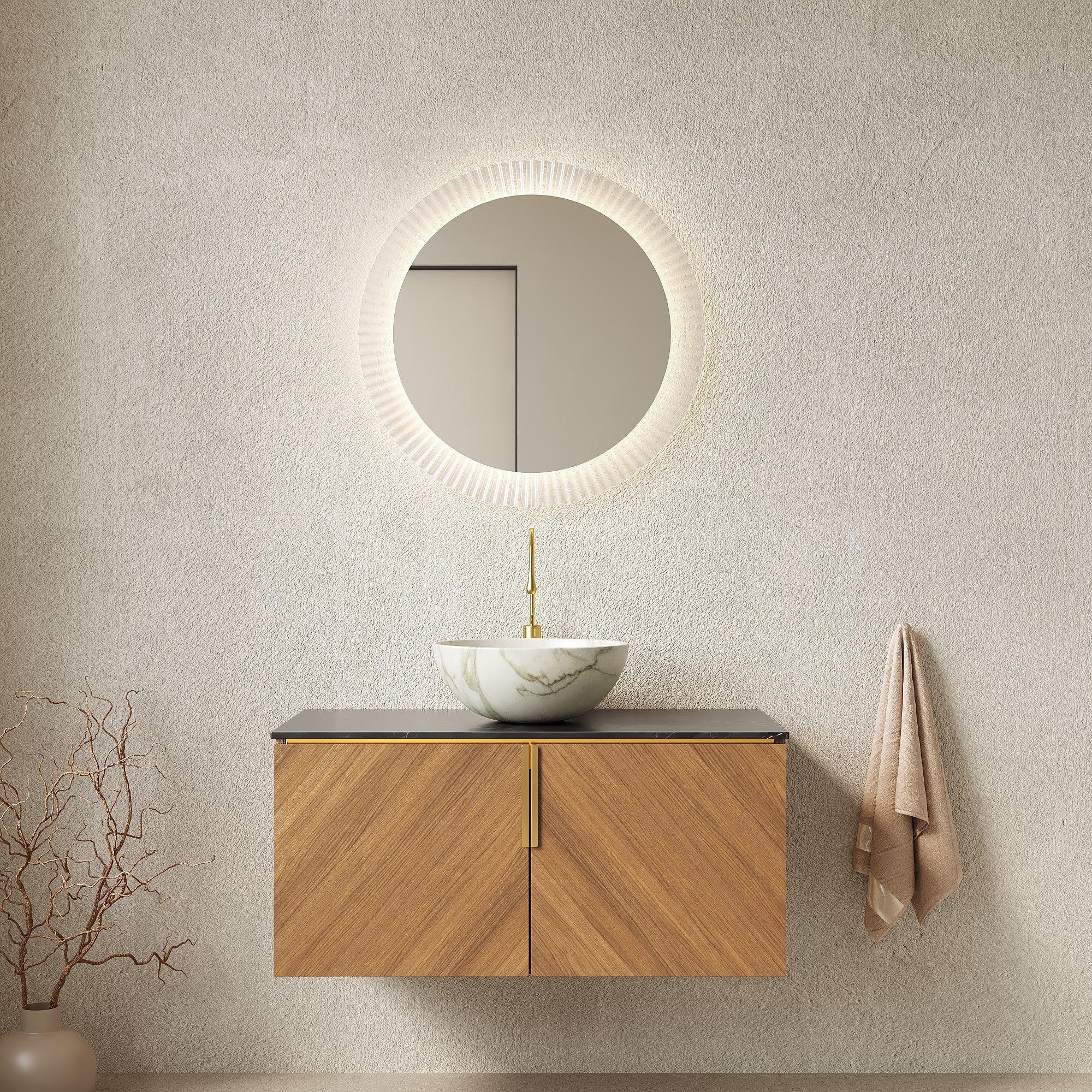 ARAI 36' Bathroom Vanity & Sink, Floating Plywood Bathroom Storage Cabinet with Double Doors, Black Sintered Stone Countertop & White Bowl Ceramic Basin with Stone Pattern, Brown Oak Woodgrain Color - Eloy Royal