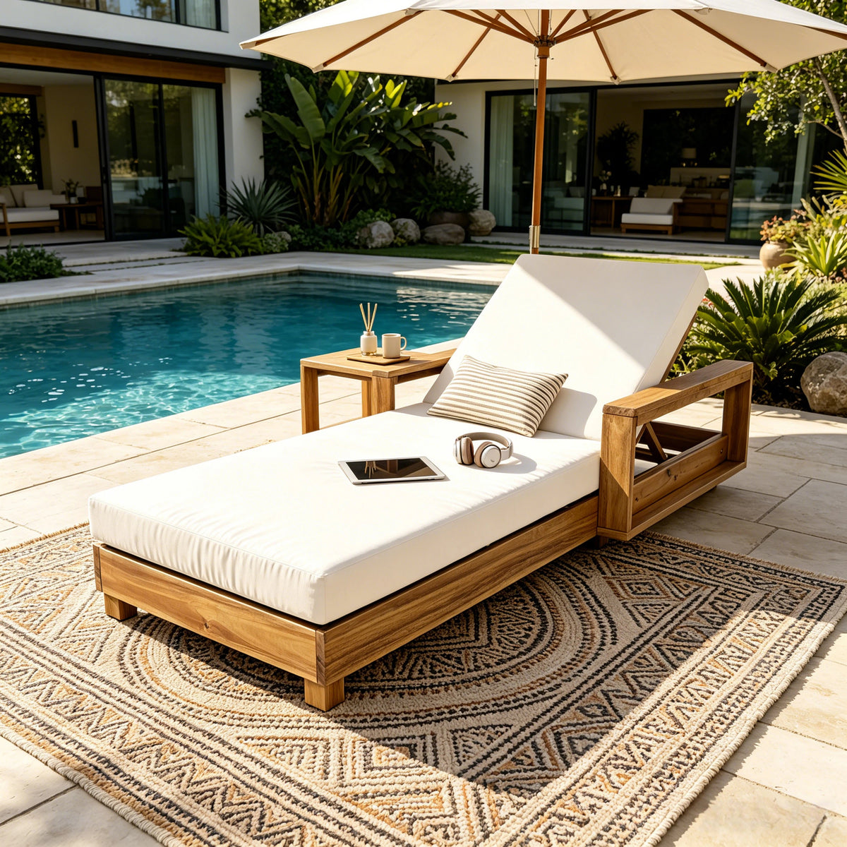 Light Natural Acacia Wood Outdoor Chaise Lounge Set with 4' 2-Fold Cream Water Resistant Cushion, 4-Position Adjustable Recliner, 400 LBS Capacity, 1 Frame + 1 Cushion for Patio Pool Backyard