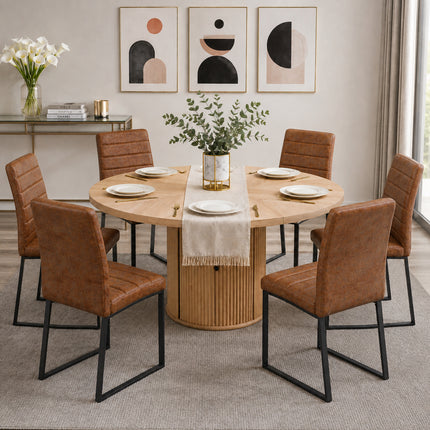 6piece suede Padded Dining Chair Set with 47.2 in Round Roman Column Table, Storage Included, Suitable for Restaurants/Wooden color