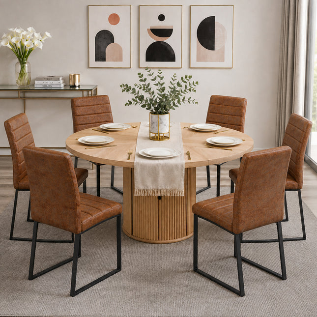 6piece suede Padded Dining Chair Set with 47.2 in Round Roman Column Table, Storage Included, Suitable for Restaurants/Wooden color