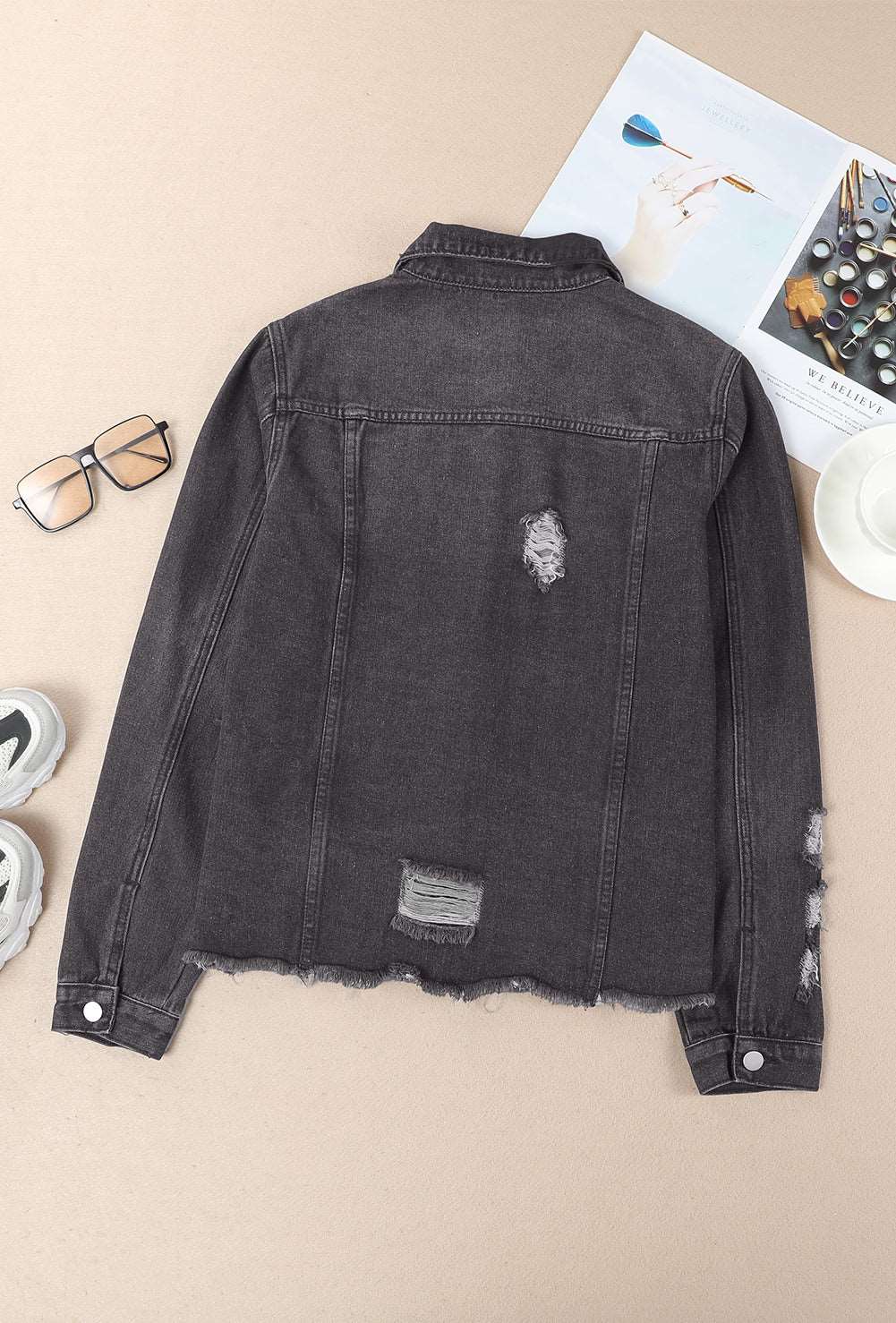 Black Casual Distressed Raw Hem Buttons Denim Jacket