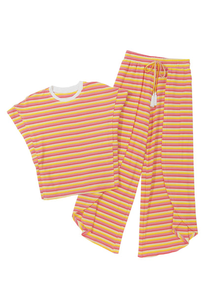 Pink Stripe Rainbow Tee and Tassel Drawstring Wide Leg Pants Set - Eloy Royal