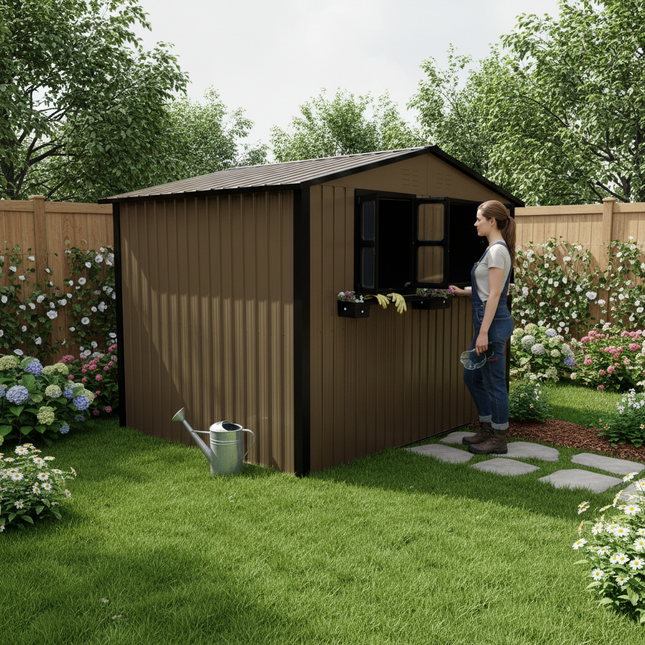 6x9 FT Outdoor Metal Storage Shed with Window & Flower Rack, Lockable Double Doors Tool Shed, Waterproof Weatherproof Garden Shed for Backyard Patio Brown Black