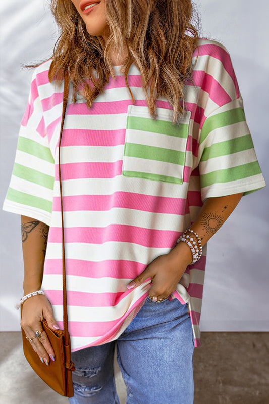 Pink Stripe Patch Pocket Drop Sleeve Slits T Shirt - Eloy Royal