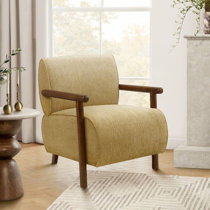 Accent Chair, 31'h, Upholstered, Living Room, Bedroom, Gold Fabric, Brown Walnut Solid Wood, Modern, Mid Century