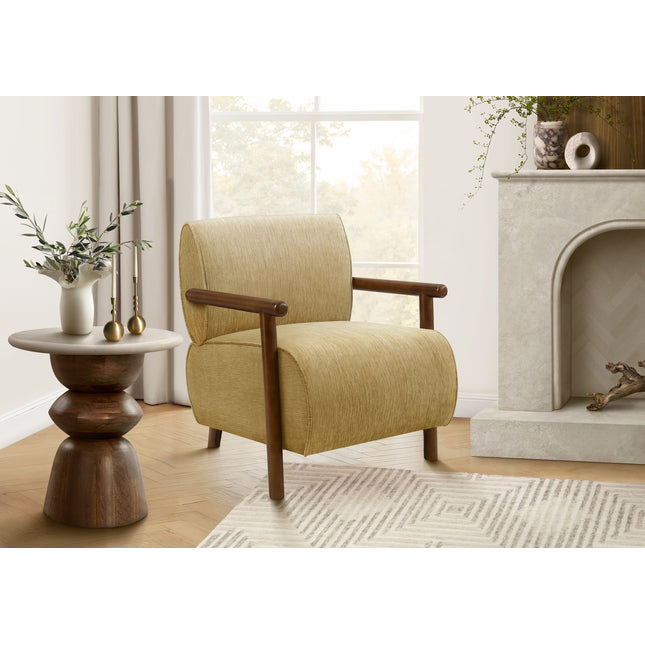 Accent Chair, 31'h, Upholstered, Living Room, Bedroom, Gold Fabric, Brown Walnut Solid Wood, Modern, Mid Century