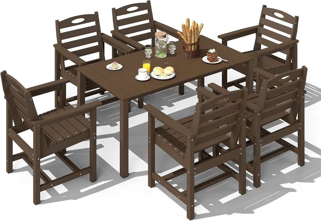 HDPE Outdoor Dining Set, All-Weather 7 Piece Outdoor Dining Table Set with 2' Umbrella Hole, Outdoor Patio Dining Set for Garden, Poolside, Backyard, Deck, Brown