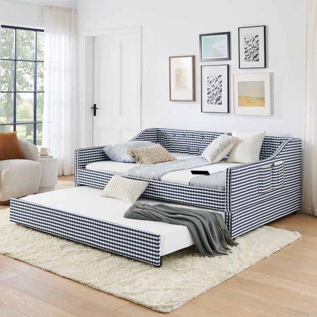 Full‑Size Daybed,Upholstered Convertible Daybed with Tufted Button Backrest, 3‑in‑1 Versatile Sofa Bed with Pull‑Out Trundle & Side Storage, Perfect for Compact Living-Dark Blue
