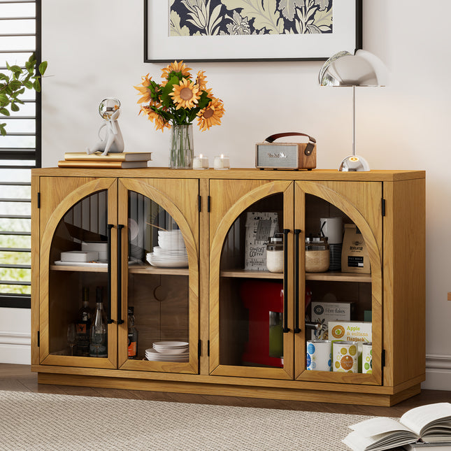 TREXM 4-Door Large Storage Sideboard Buffet Cabinet with Glass Doors with Arched
