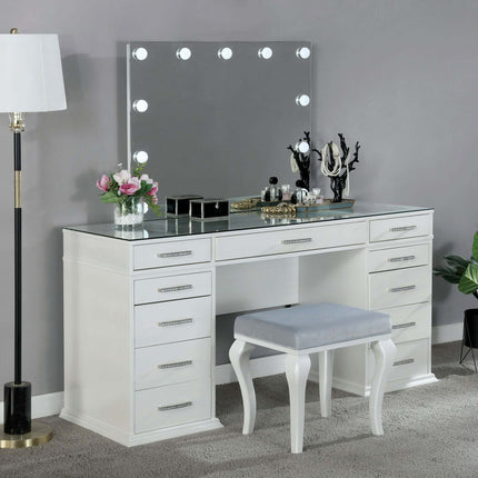 Glam Style 1pc Vanity w/ Padded Stool Set 8mm Glass Top Storage Drawers LED On Mirror Luminous White Finish Bedroom Furniture