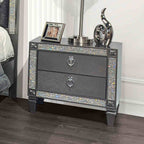 Glam Style 1pc Nightstand Nickel Ring Pulls Tapered Legs Acrylic Trim Gray Finish Bedroom Furniture