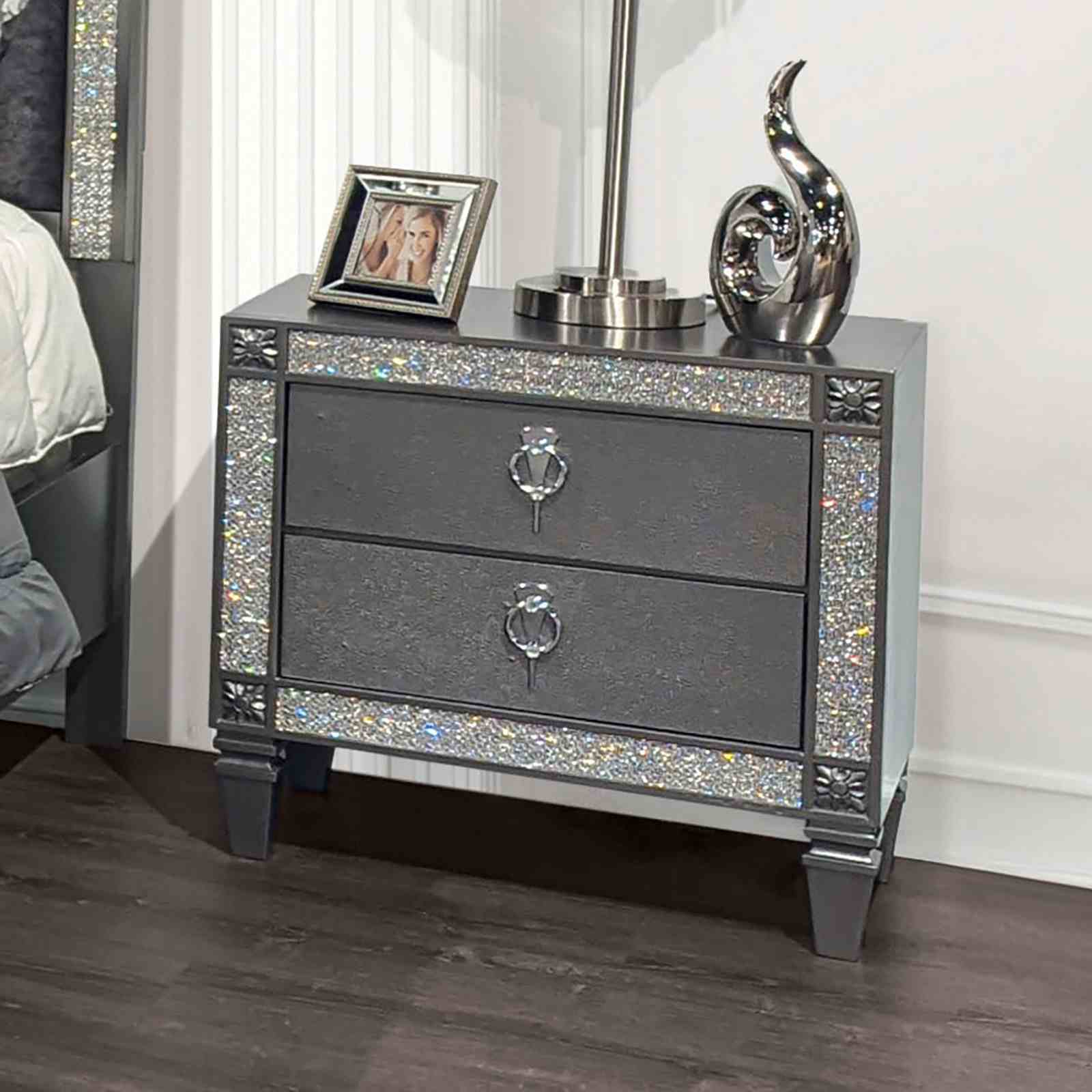 Glam Style 1pc Nightstand Nickel Ring Pulls Tapered Legs Acrylic Trim Gray Finish Bedroom Furniture