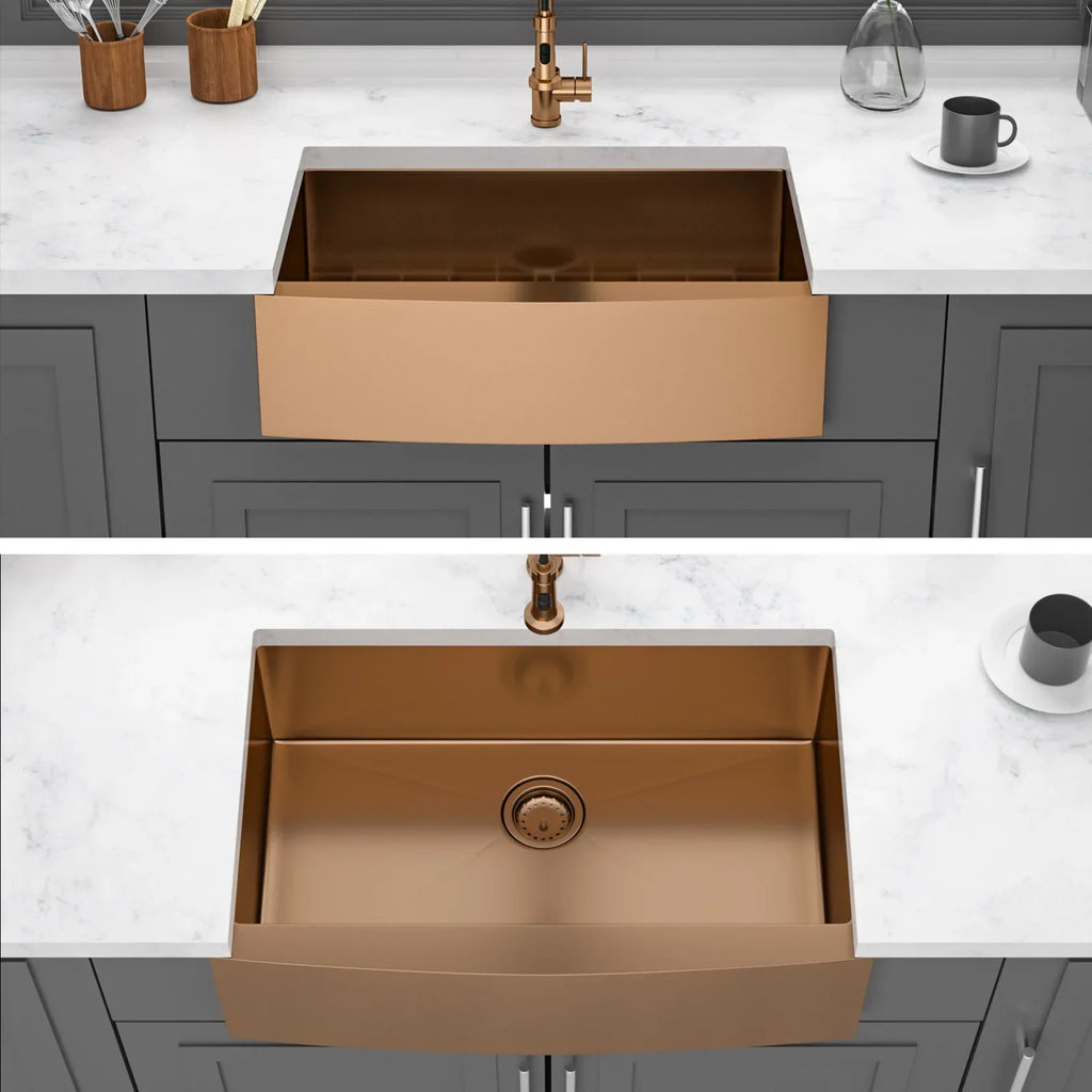36 Inch Rose Gold Farmhouse Sink with Apron Front - Stainless Steel 16 Gauge Kitchen Sink in Rose Gold Finish - Eloy Royal