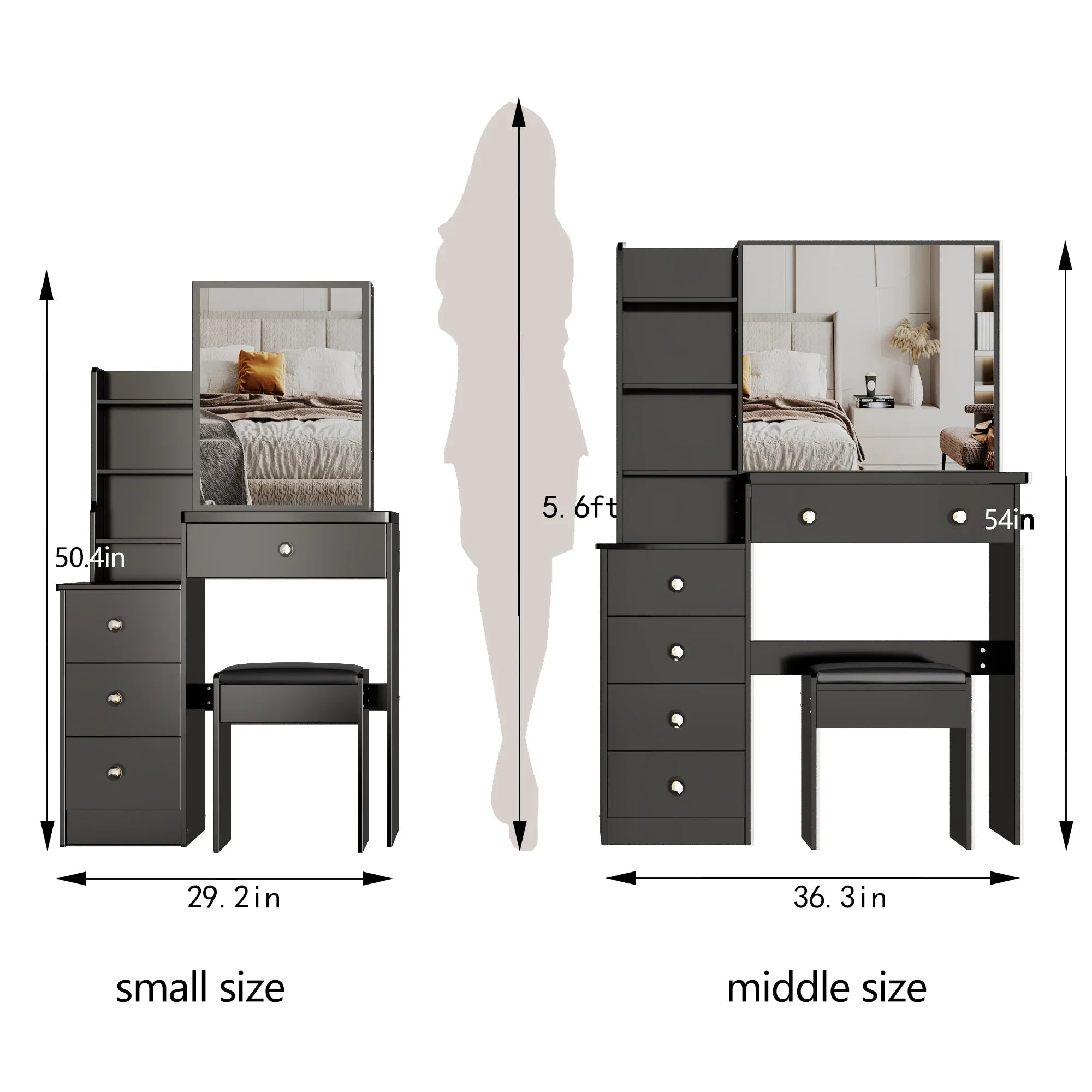 29.2' Small Space Left Bedside Cabinet Vanity Table + Cushioned Stool, Extra Large Right sliding mirror, Multi Layer High Capacity Storage, Practical Fashionable Dresser, Suitable For Small Space - Eloy Royal