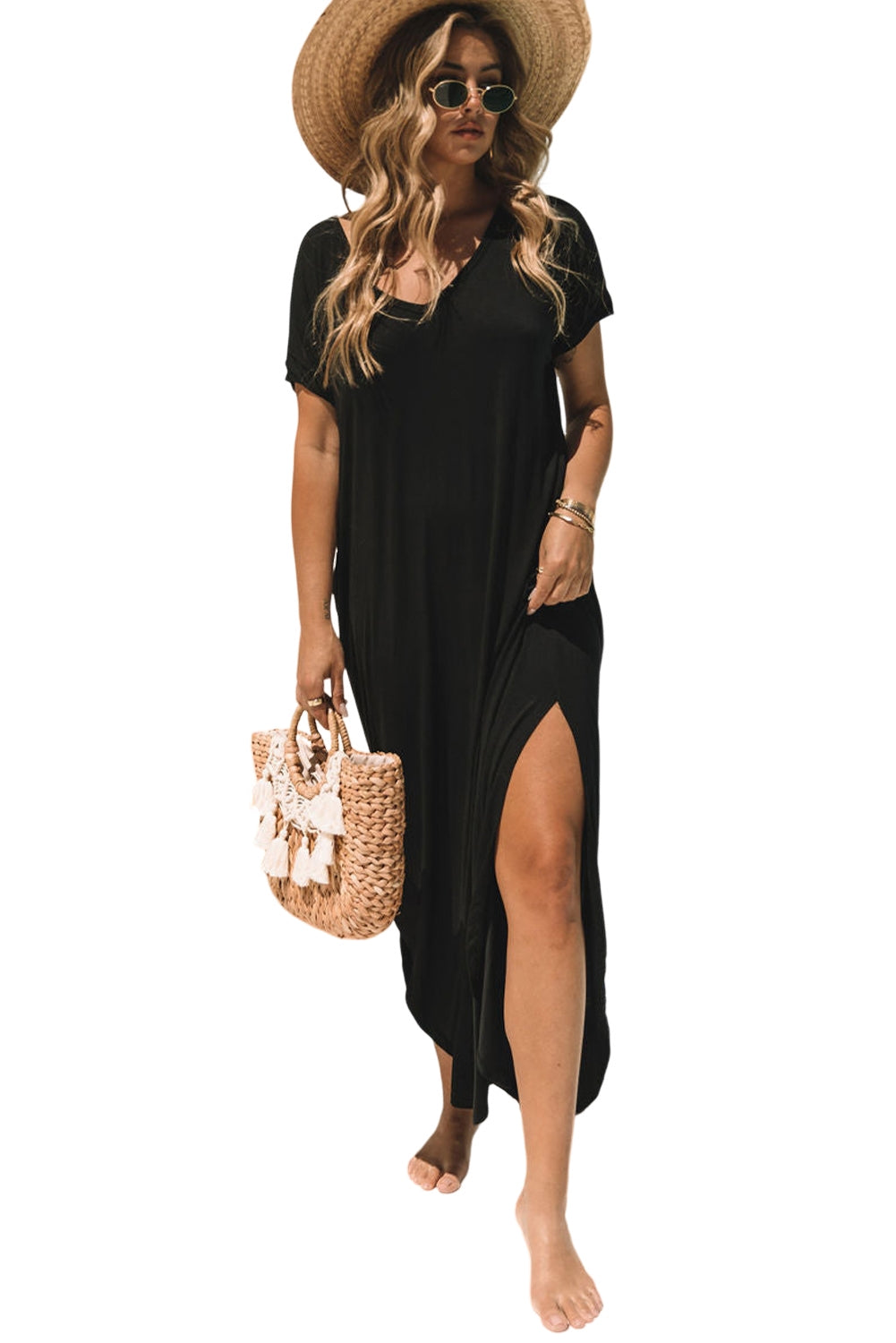 Black Solid Color Hidden Pocket V Neck Slit Maxi Dress - Eloy Royal