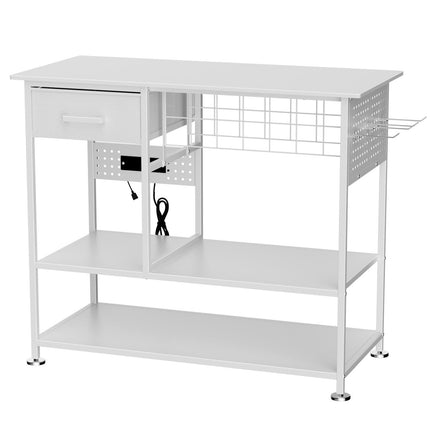 Large Heat Press Table with Charging Station, Movable Metal Workbench with Vinyl Storage and Drawer for DIY Sublimation, T-Shirts and Caps Transfer Projects in White