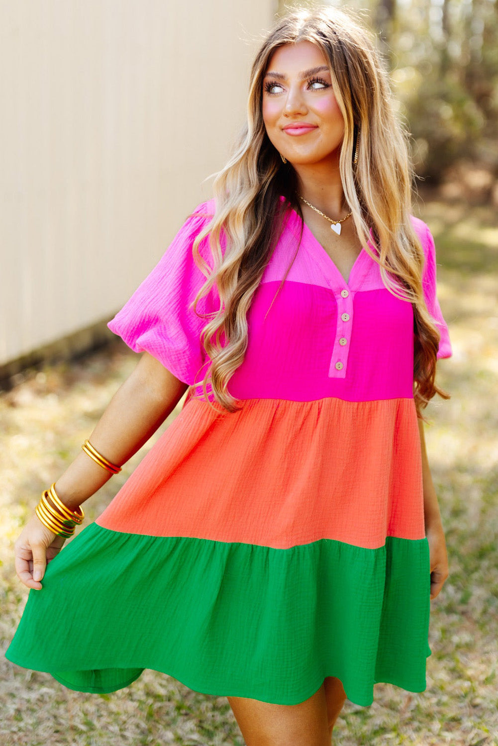 Multicolor Color Block Tiered Puff Sleeve Dress - Eloy Royal