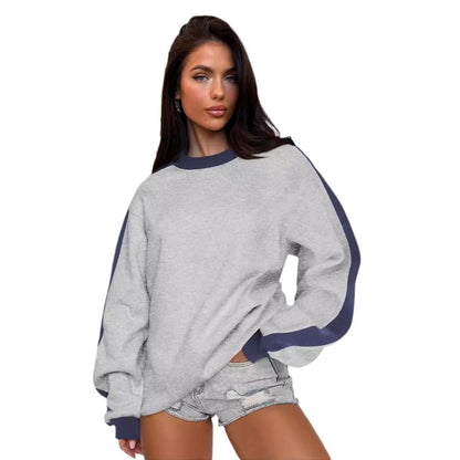 Women's Contrast Color Round Neck Loose Sweater Long-sleeved Top