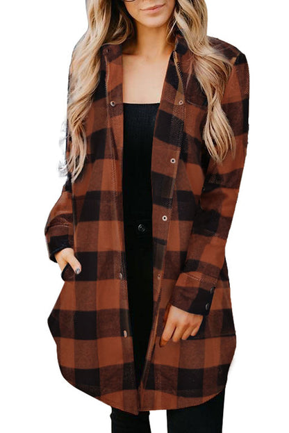 Wholesale Brown & Black Plaid Collared Botton Down Long Shirt Shacket - Eloy Royal