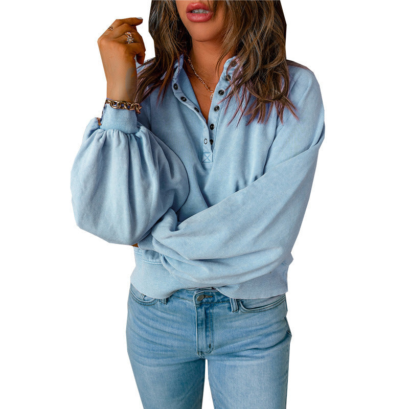 Ladies Loose V-Neck Button Solid Color Sweatshirt