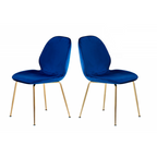 Velvet Upholstered Dining Chair Set of 2, Kitchen Side Chairs with Gold Finish Legs, Blue