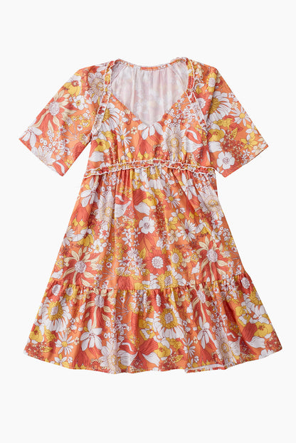 Orange Wide Flutter Sleeve V Neck Floral Dress - Eloy Royal