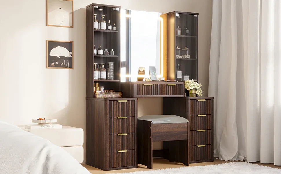 43.5' Fluted Makeup Vanity Desk with Mirror and Lights, Modern Glass Top Vanity Table with 10 Drawers & 2 Transparent Glass Cabinets, Dressing Table Set with Stool and Charging Station, Brown - Eloy Royal