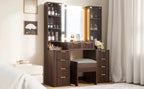 43.5' Fluted Makeup Vanity Desk with Mirror and Lights, Modern Glass Top Vanity Table with 10 Drawers & 2 Transparent Glass Cabinets, Dressing Table Set with Stool and Charging Station, Brown - Eloy Royal