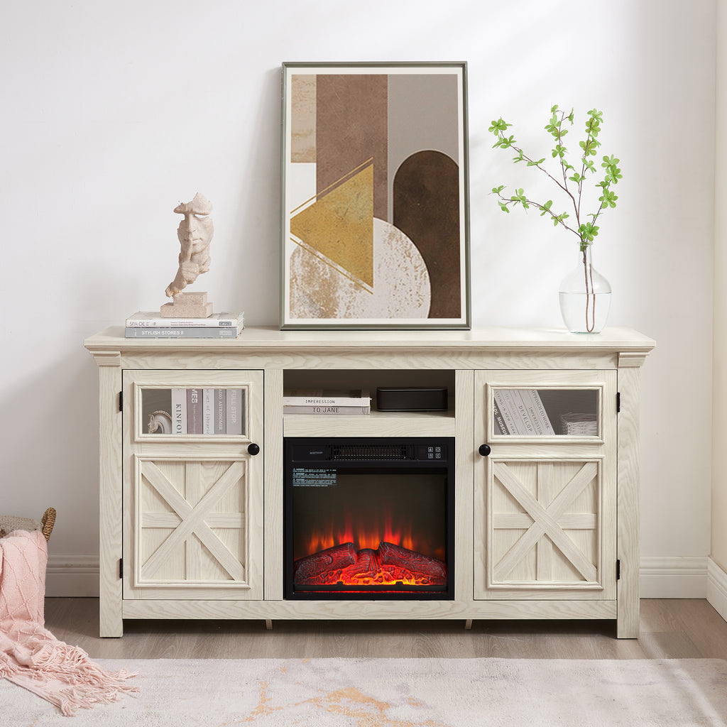 2 Doors Cabinet Farmhouse  Cabinet, Farmhouse TV Stand Barn Design,Modern Farmhouse TV Media Stand, Large Barn Inspired Home Entertainment Console with 18' fireplace insert,WHITE,60.23'W*15.35'D*31.7H