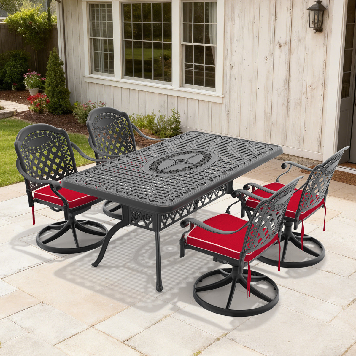 5-Piece All-Weather Cast Aluminum Dining Set, Include 4 Swivel Chairs and Rectangular Table With Black Frame