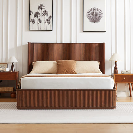 Walnut Corrugated Wave Wood Headboard Platform Bed frame with 44 in Tall
